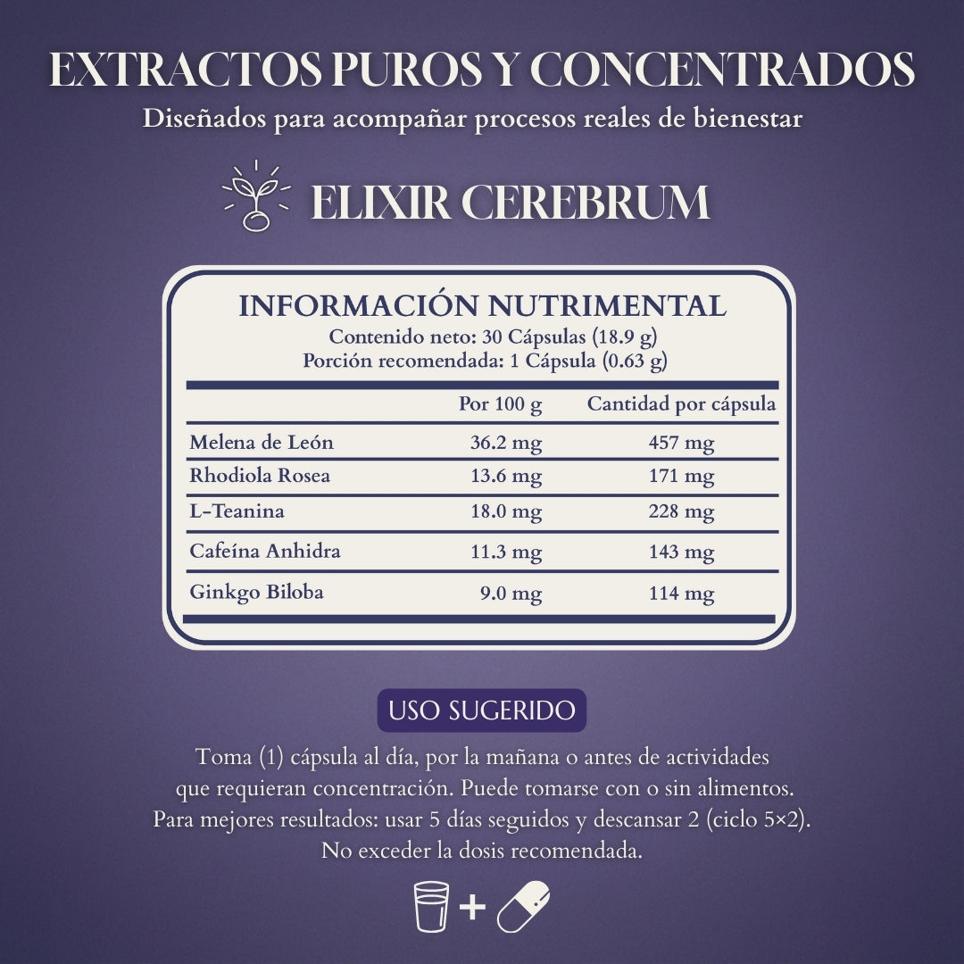 Elixir Cerebrum Alquimia Dorada | Enfoque Mental 30 Cáps Sin Sabor